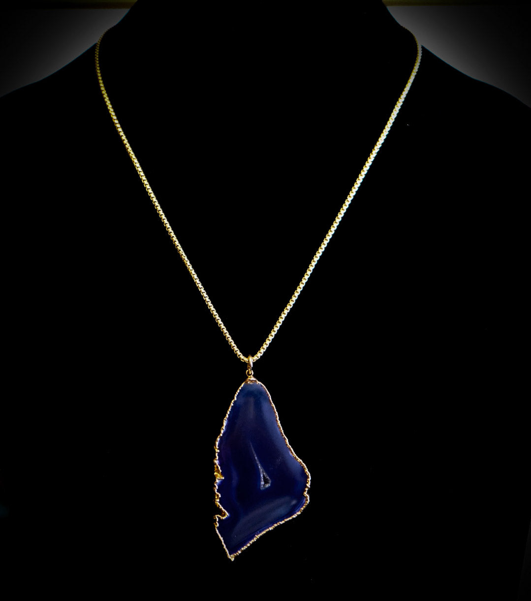 Deep Indigo Blue Druzy Geode Quartz and Gold Plate Pendant Necklace
